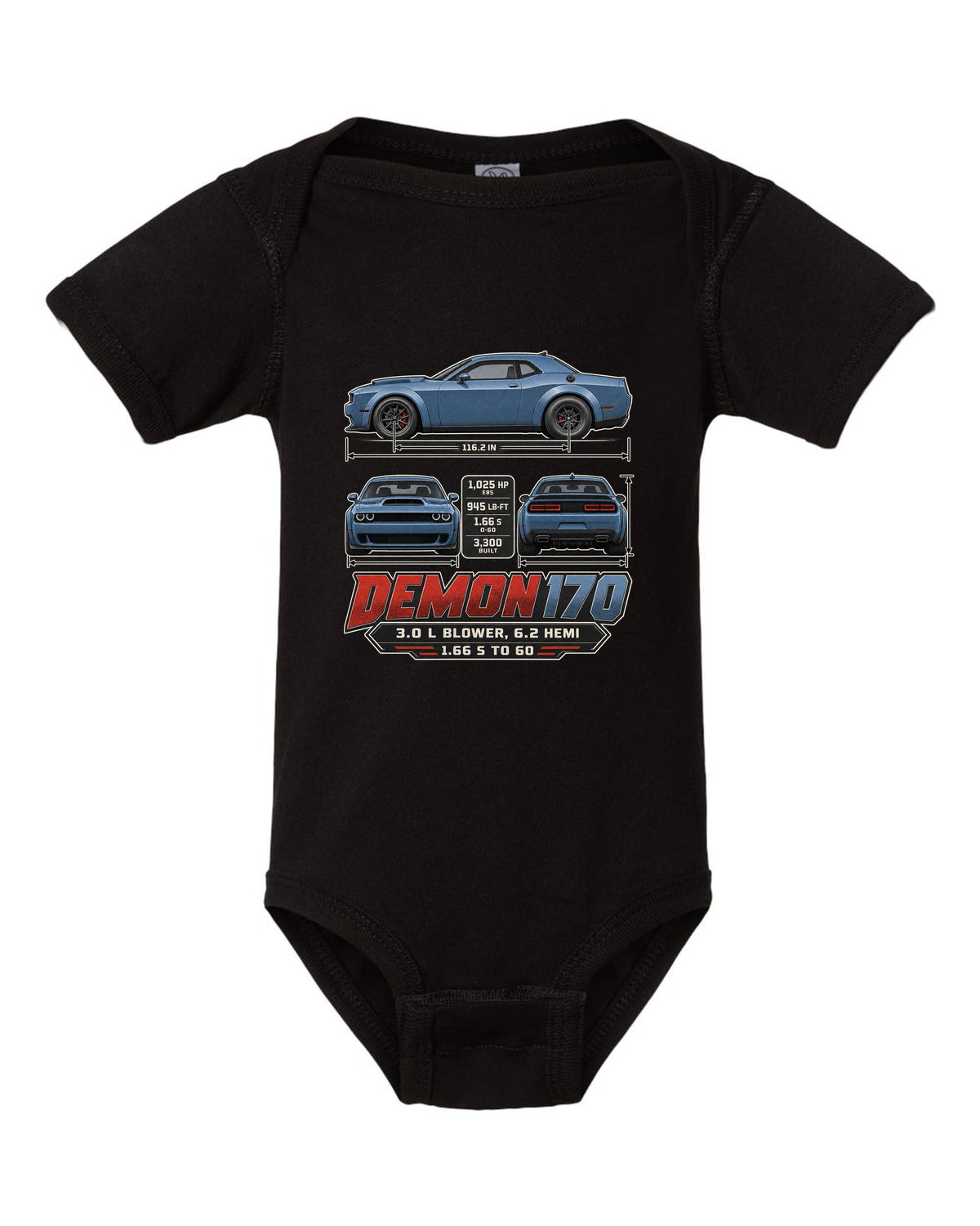 Dodge Challenger SRT Demon 170 dimension blueprint print black baby onesie front view with the design