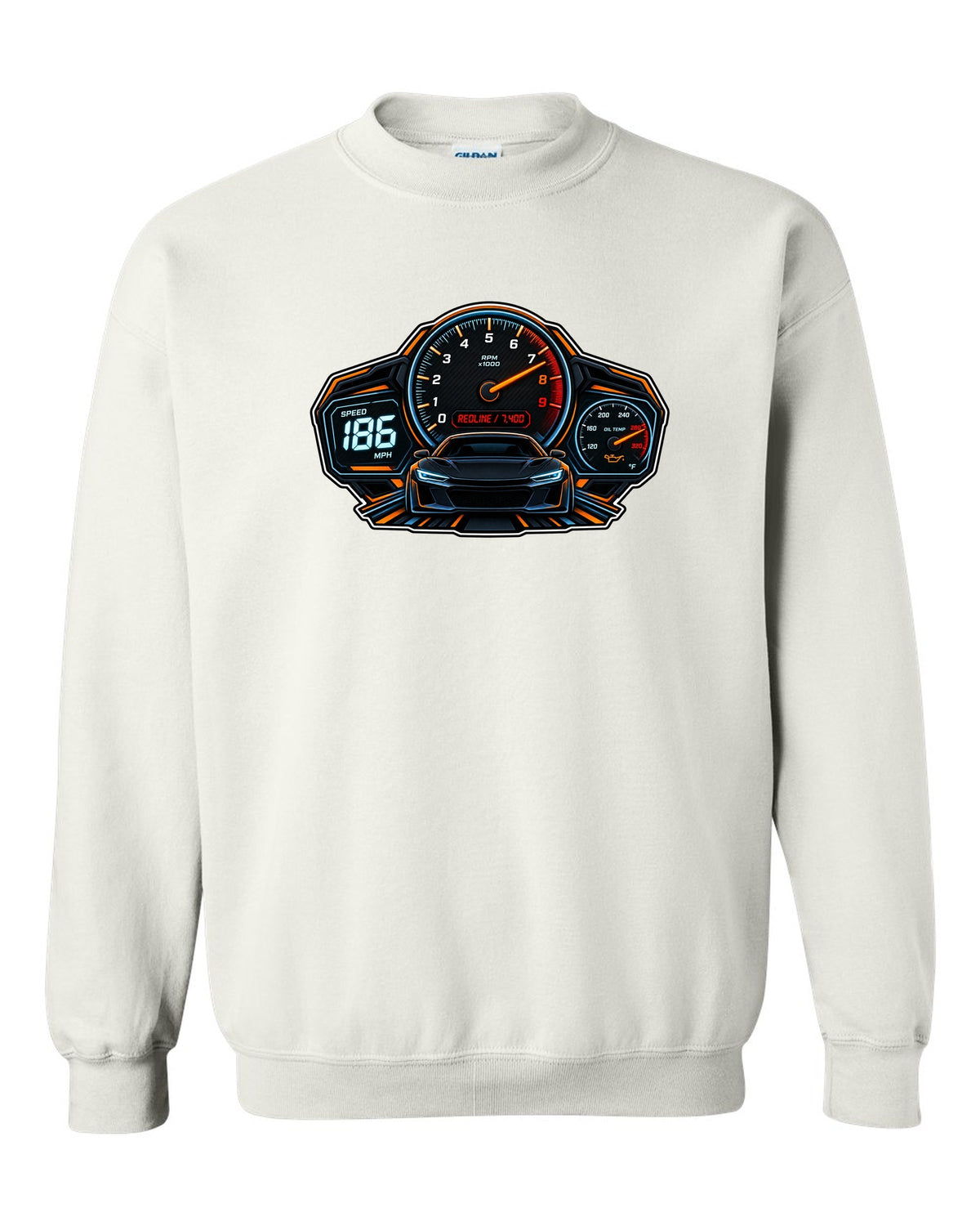 Gauge cluster HUD illustration for a Toyota GR86 ZN8 with Redline 7,400 lettering white crewneck front view with the design