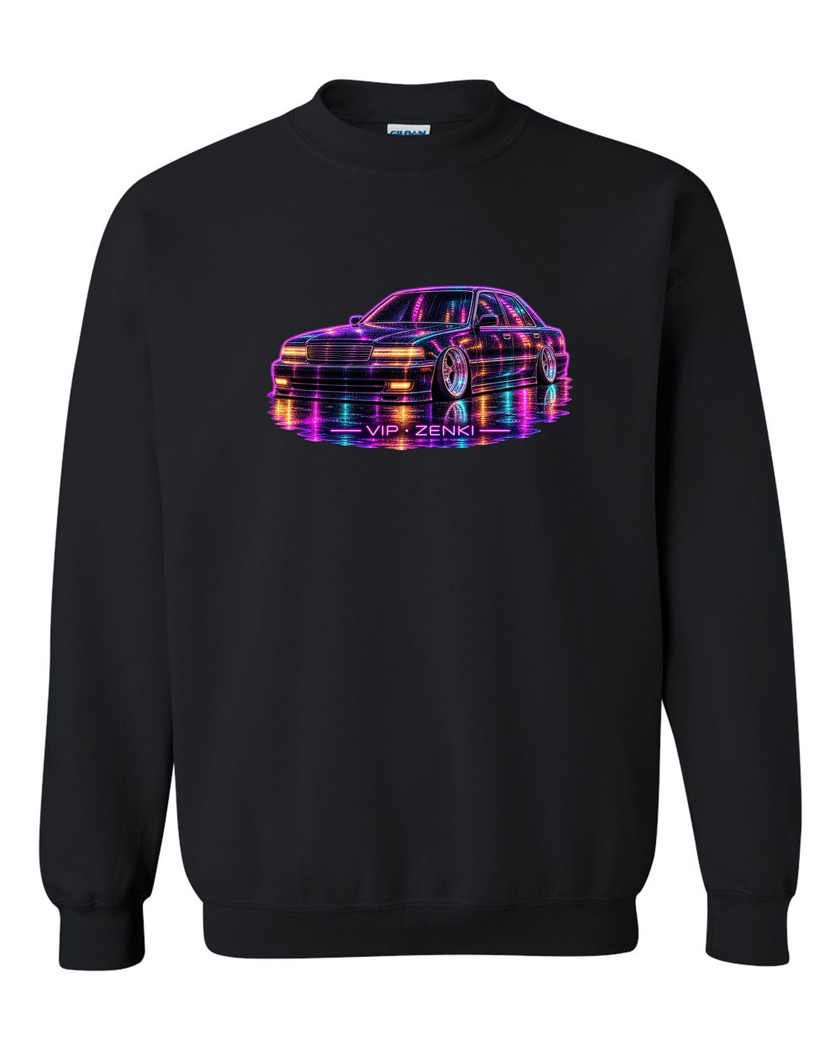 Neon line illustration of a slammed Japanese luxury sedan in the rain with VIP ZENKI lettering black crewneck front view with the design