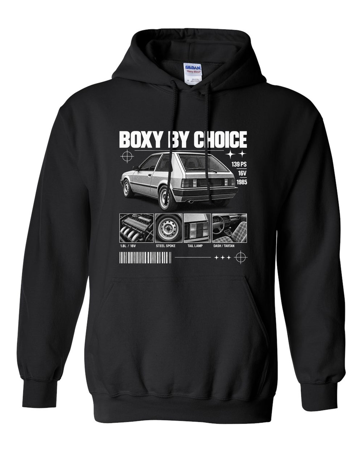 VW Golf Mk2 GTI 16V 1985 rear three-quarter in dossier panels with 139 PS text black pull over hoodie front view with the design