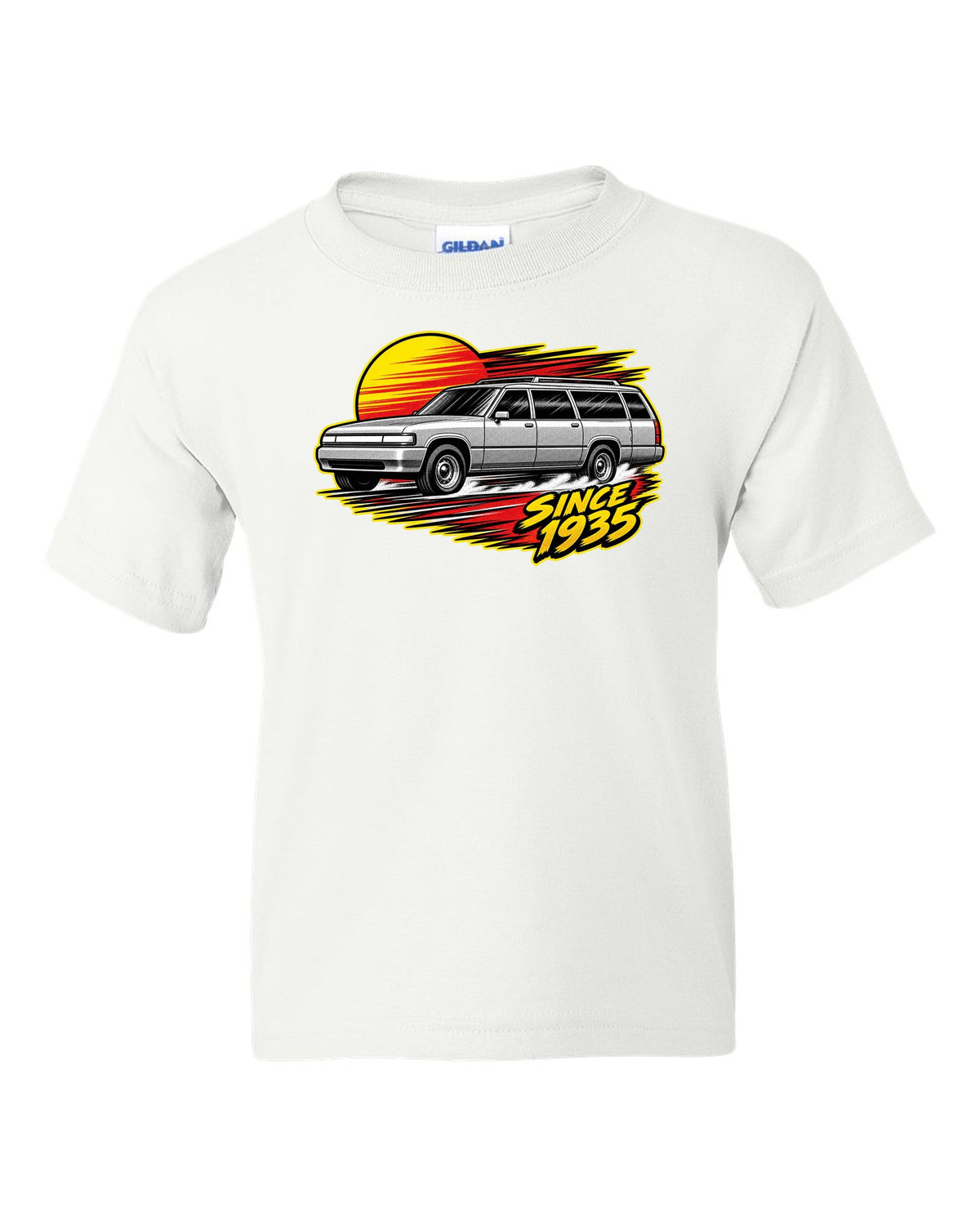 Retro manga halftone panel print of a 1992-1999 Chevrolet Suburban GMT400 with Since 1935 text white kids tee front view with the design