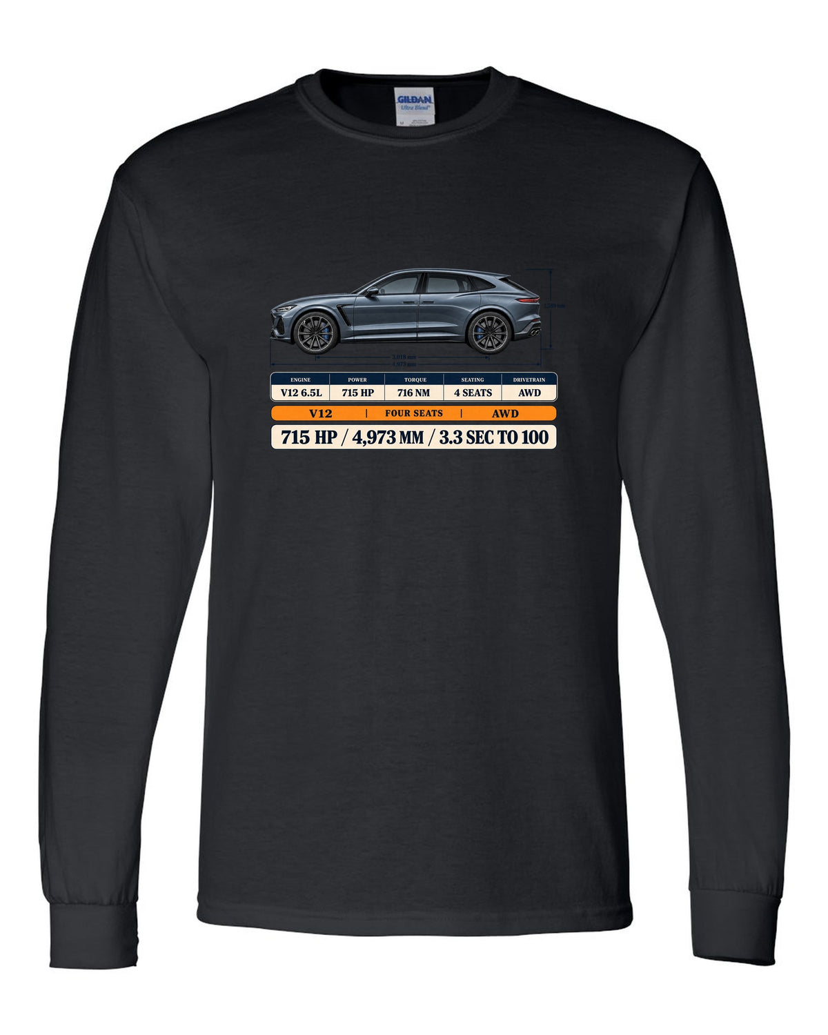 Spec poster print of the Ferrari Purosangue with power and length figures black long sleeve front view with the design