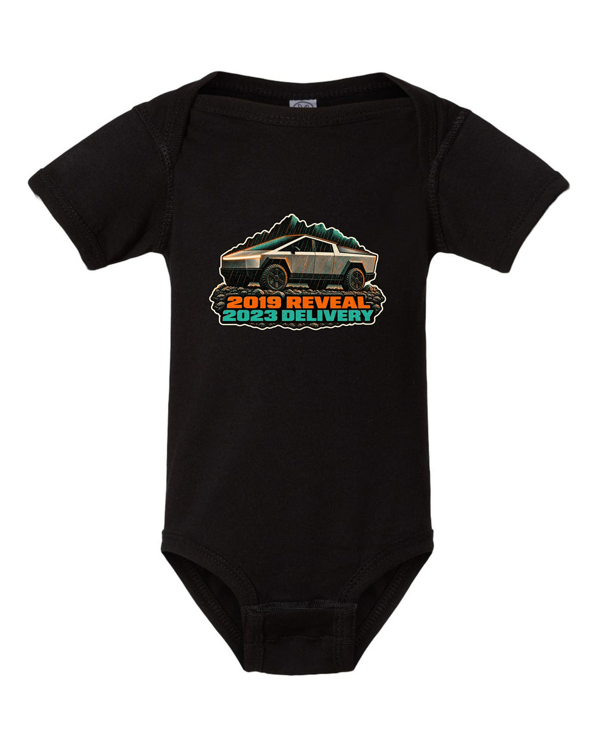 Risograph two-colour print of a 2023 Tesla Cybertruck in gravel and rain with 2019 Reveal 2023 Delivery lettering black baby onesie front view with the design