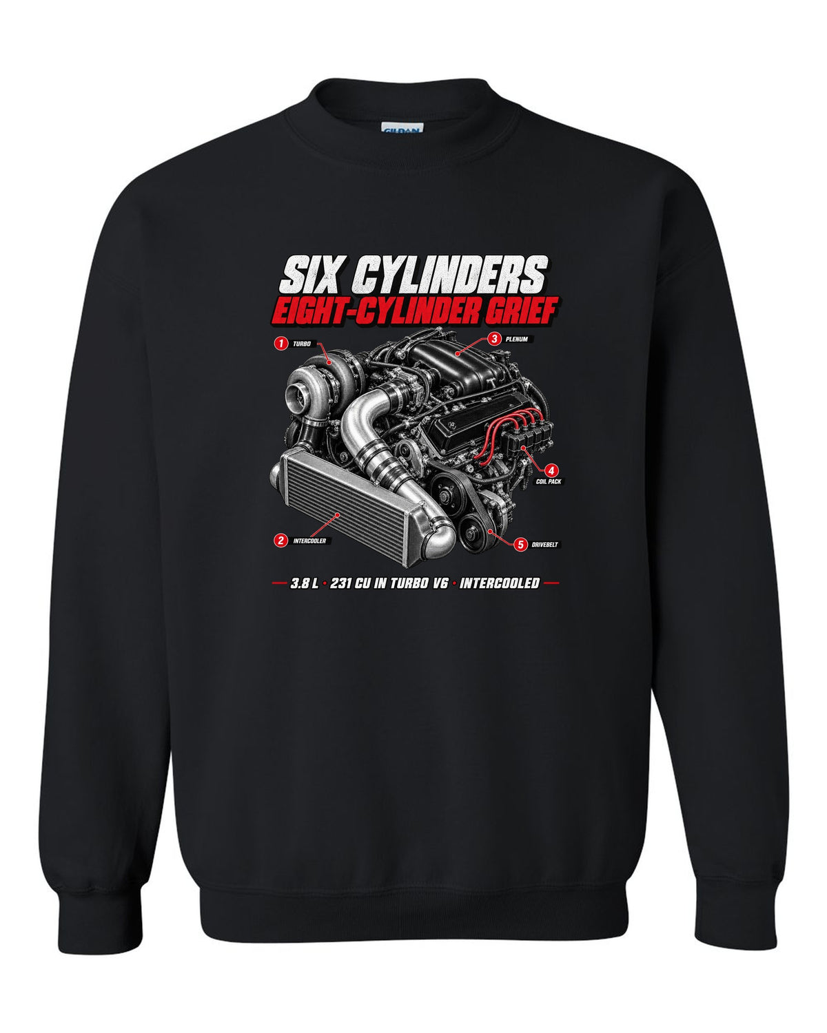 1987 Buick Grand National 3.8 turbo V6 engine callout print black crewneck front view with the design