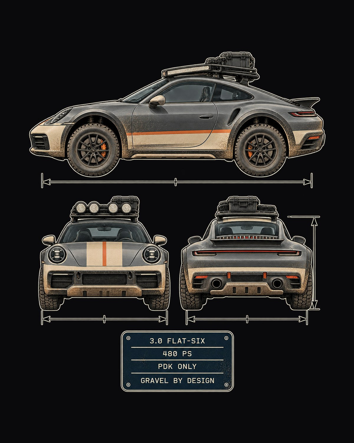Porsche 911 Dakar Three-View Spec Table Tee, Off-Road 911 design only