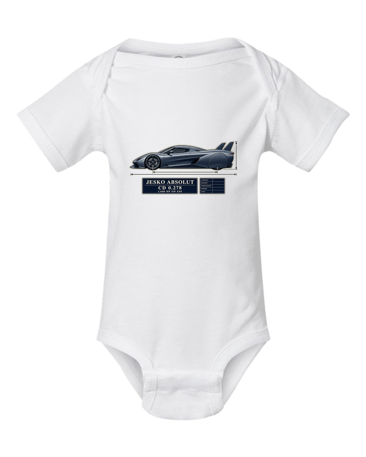 Blueprint drawing of the Koenigsegg Jesko Absolut with twin tail fins and no wing, print white baby onesie front view with the design