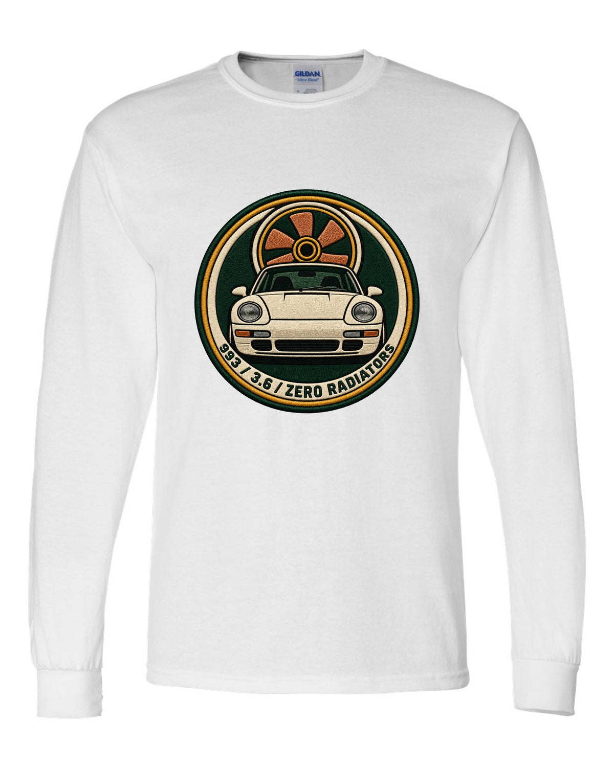 Round crest print of a Porsche 911 993 with the text 993, 3.6 and zero radiators white long sleeve front view with the design
