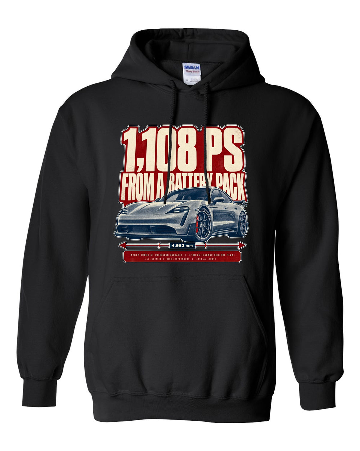 Halftone print of a low front three-quarter Porsche Taycan Turbo GT with 1,108 PS text black pull over hoodie front view with the design