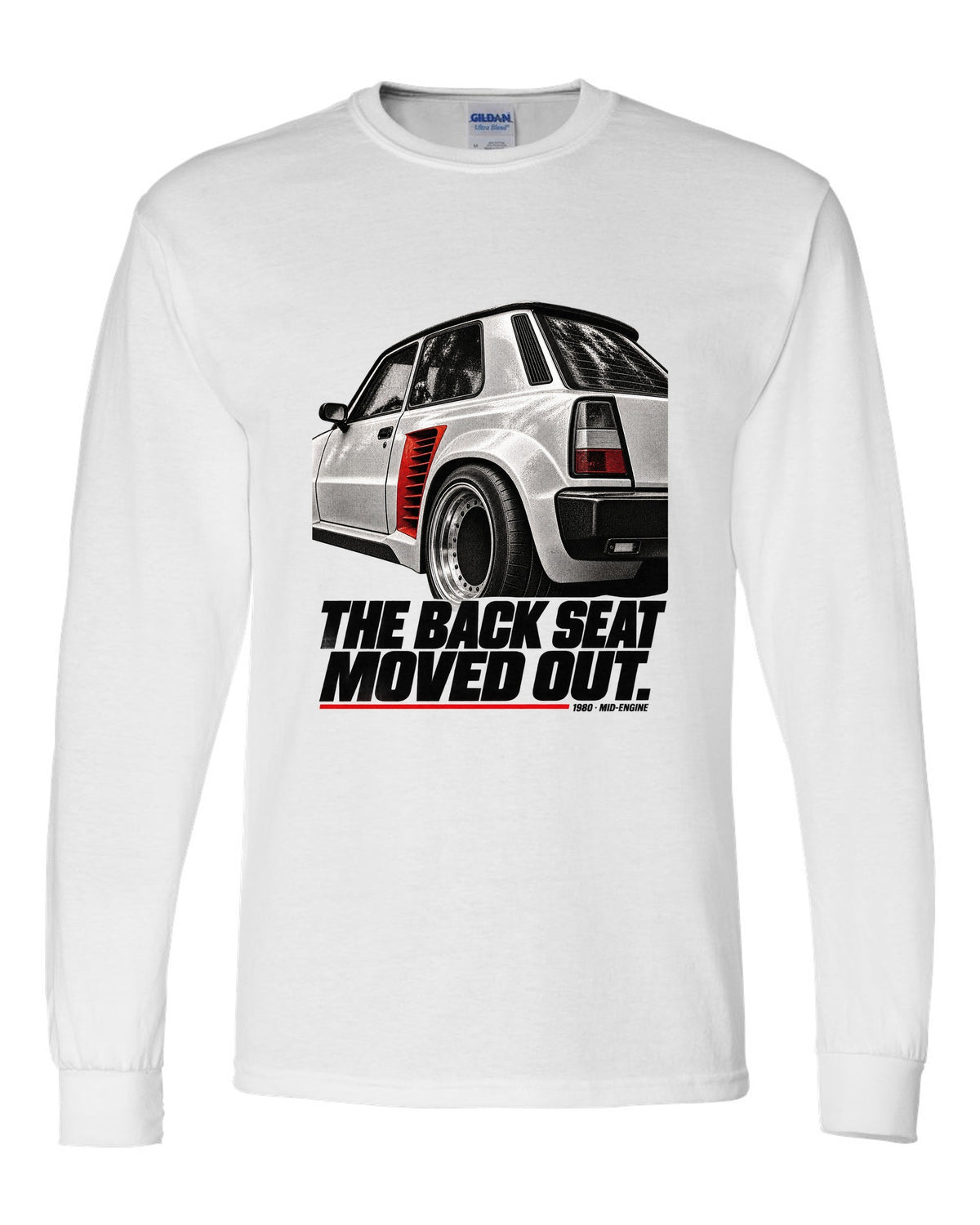 Renault 5 Turbo rear detail macro print with back seat caption white long sleeve front view with the design