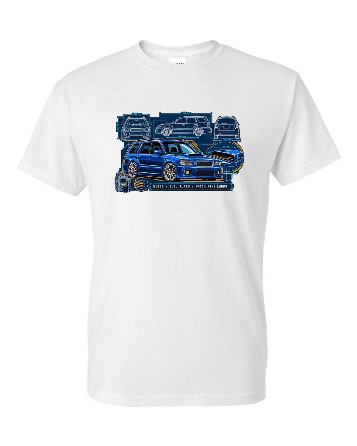 Technical blueprint of a Subaru Forester SG9 with hood scoop and EJ255 2.5L turbo text white t-shirt front view with the design