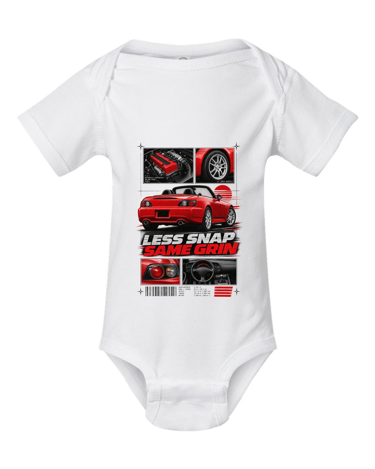 Honda S2000 AP2 roadster dossier panels design with 17 inch wheels less snap same grin text white baby onesie front view with the design