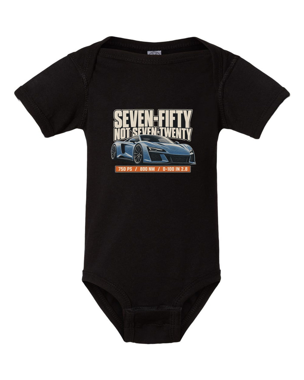 Halftone print of a McLaren 750S with the text seven-fifty not seven-twenty black baby onesie front view with the design
