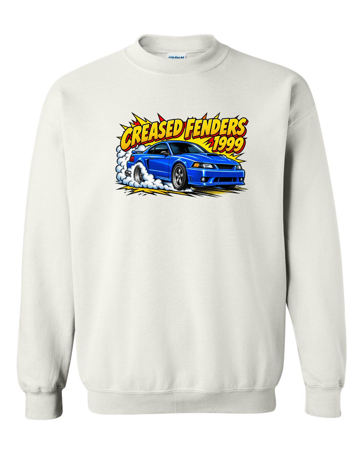 Comic halftone pop art 1999-2004 New Edge Ford Mustang coupe with burnout smoke white crewneck front view with the design