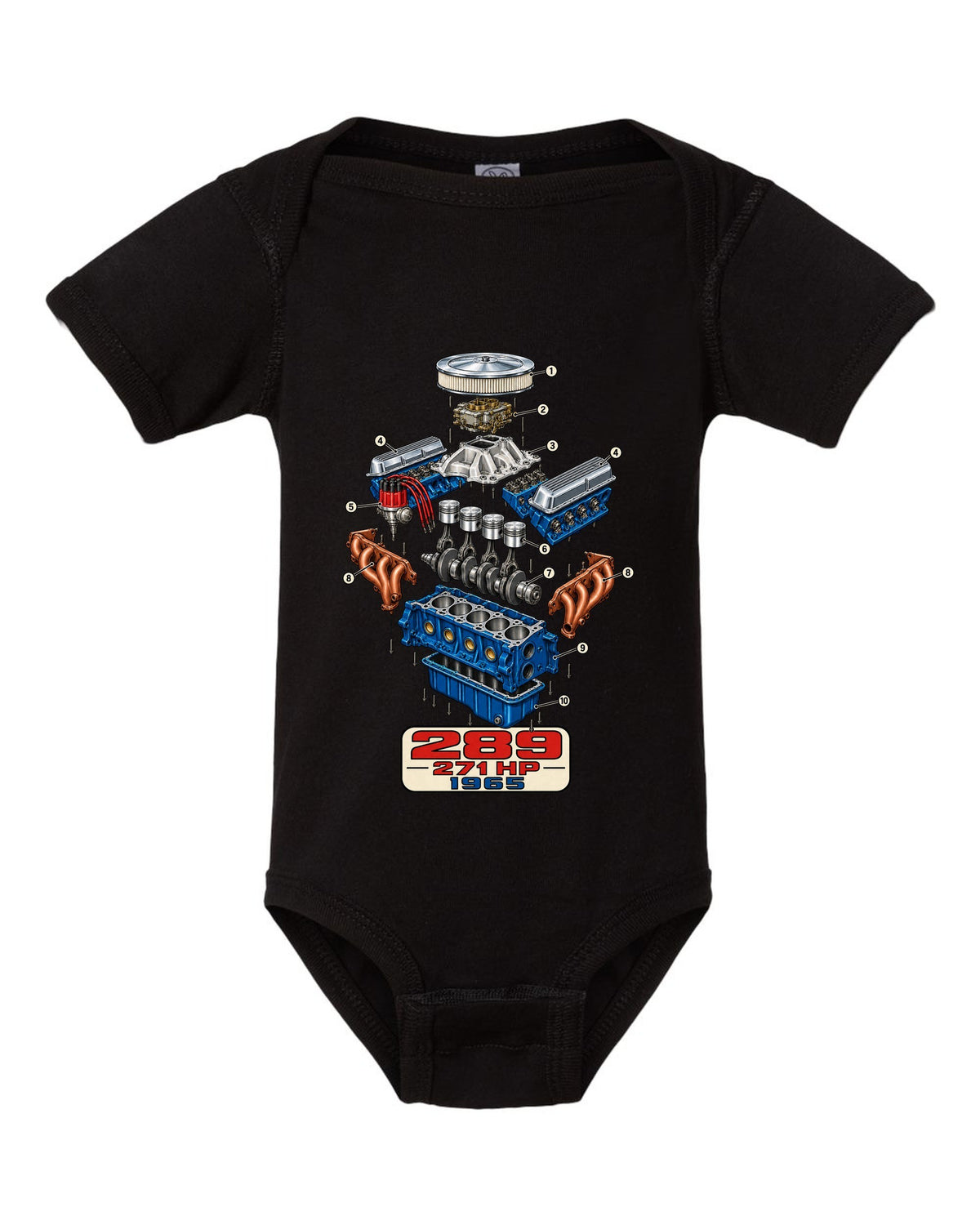 Cutaway exploded engine view print of a 1965 Ford Mustang 289 V8 black baby onesie front view with the design