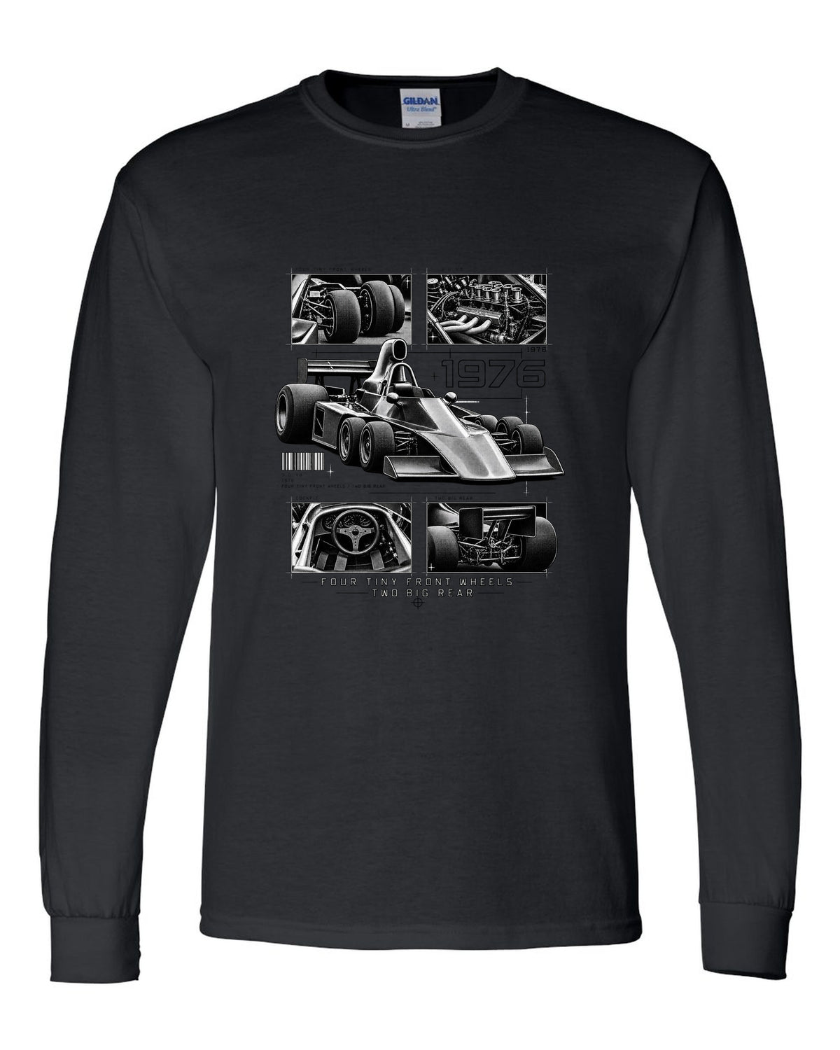 Tyrrell P34 six-wheel F1 car dossier panel print black long sleeve front view with the design