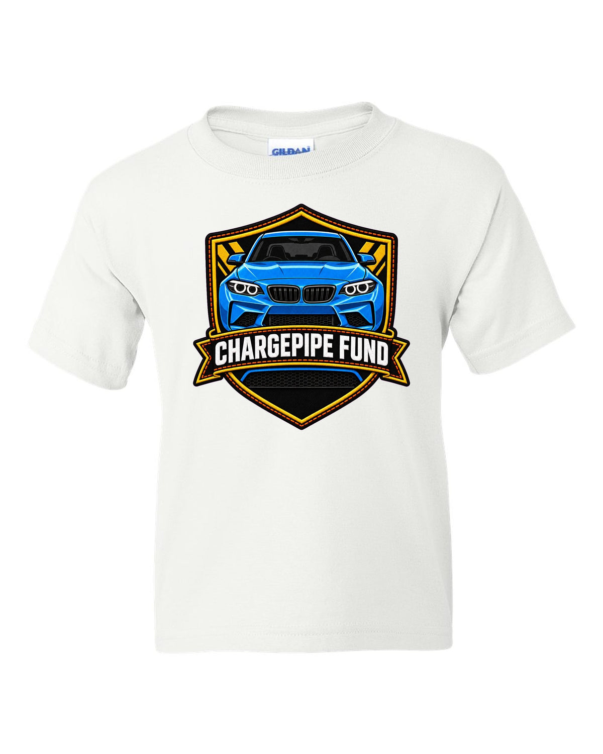 Linocut woodcut-style print of a BMW M2 G87 brake duct with 453 HP text white kids tee front view with the design