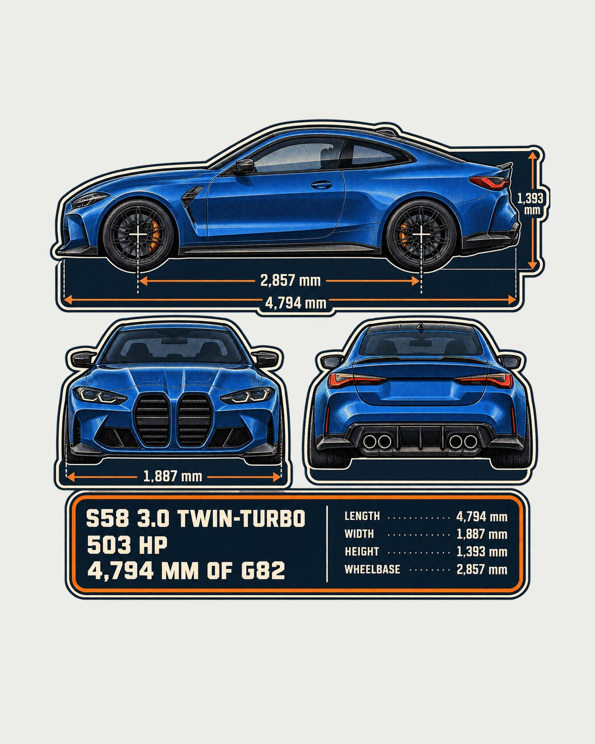 BMW M4 Competition G82 Dimension Blueprint Shirt, S58 Gift design only