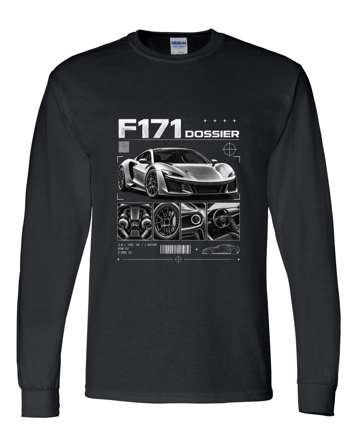 Dossier panel print of a Ferrari 296 GTB F171 with 3.0 L 120 degree V6 plus one motor, 830 CV black long sleeve front view with the design