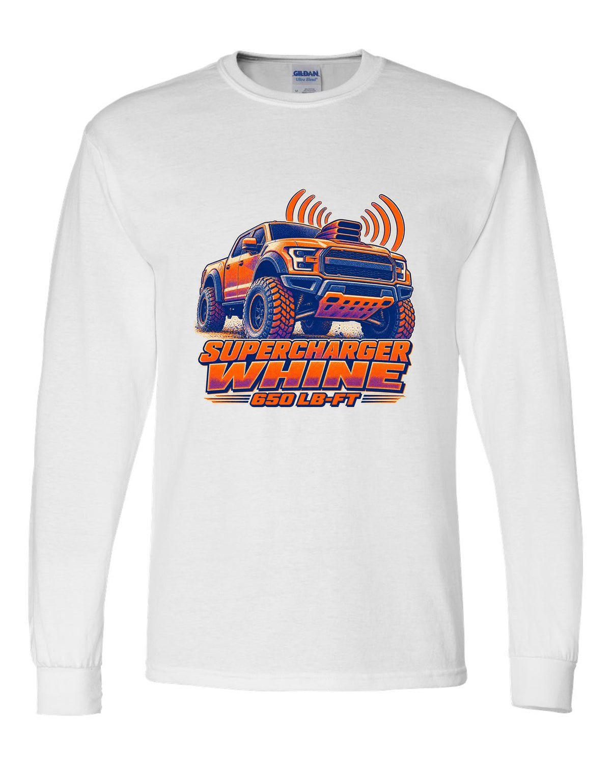 Halftone risograph print of a Ram 1500 TRX hood scoop with supercharger whine text white long sleeve front view with the design