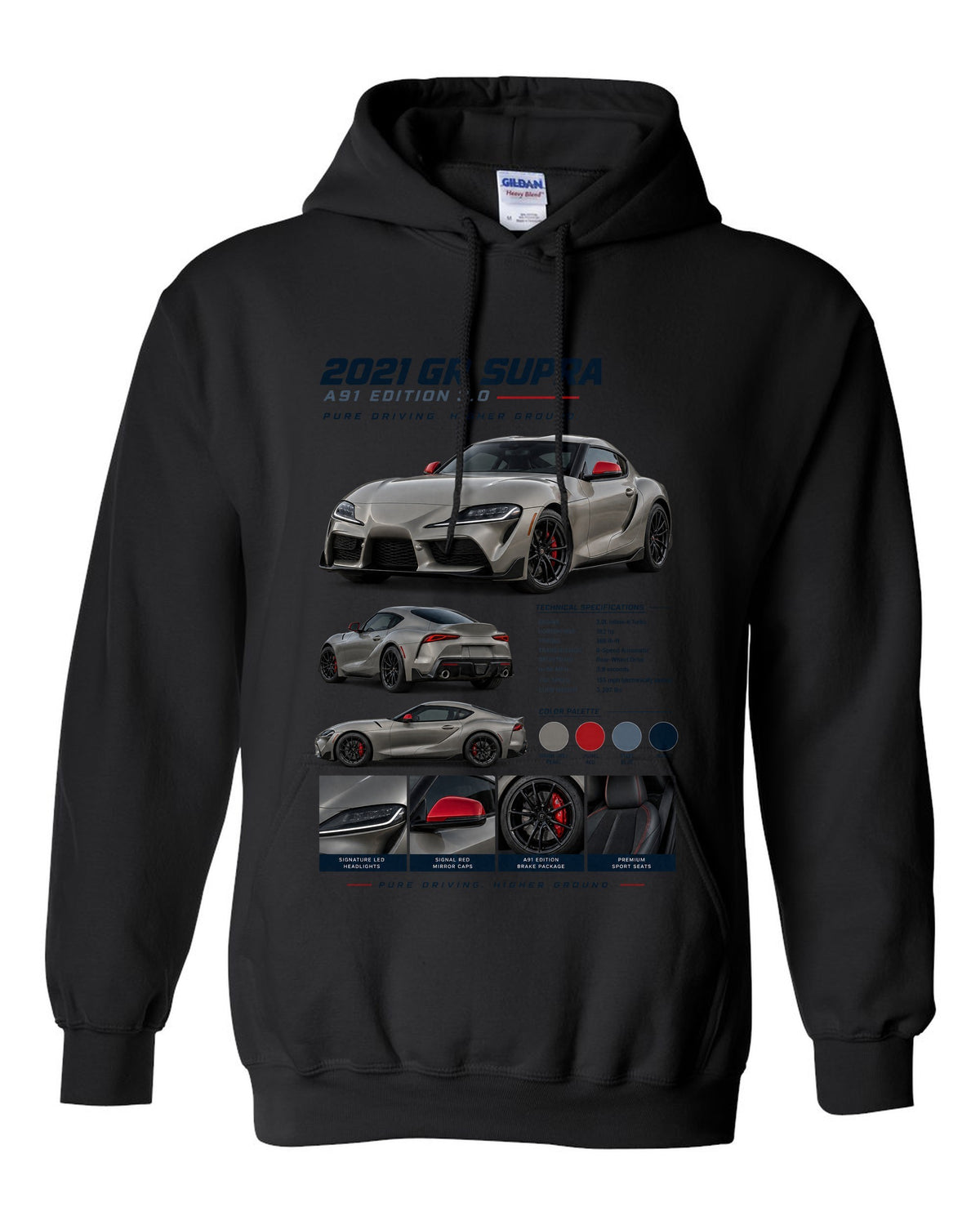 Dossier panel layout of the 2021 Toyota GR Supra A91 Edition in warm grey pearl with red mirror caps black pull over hoodie front view with the design