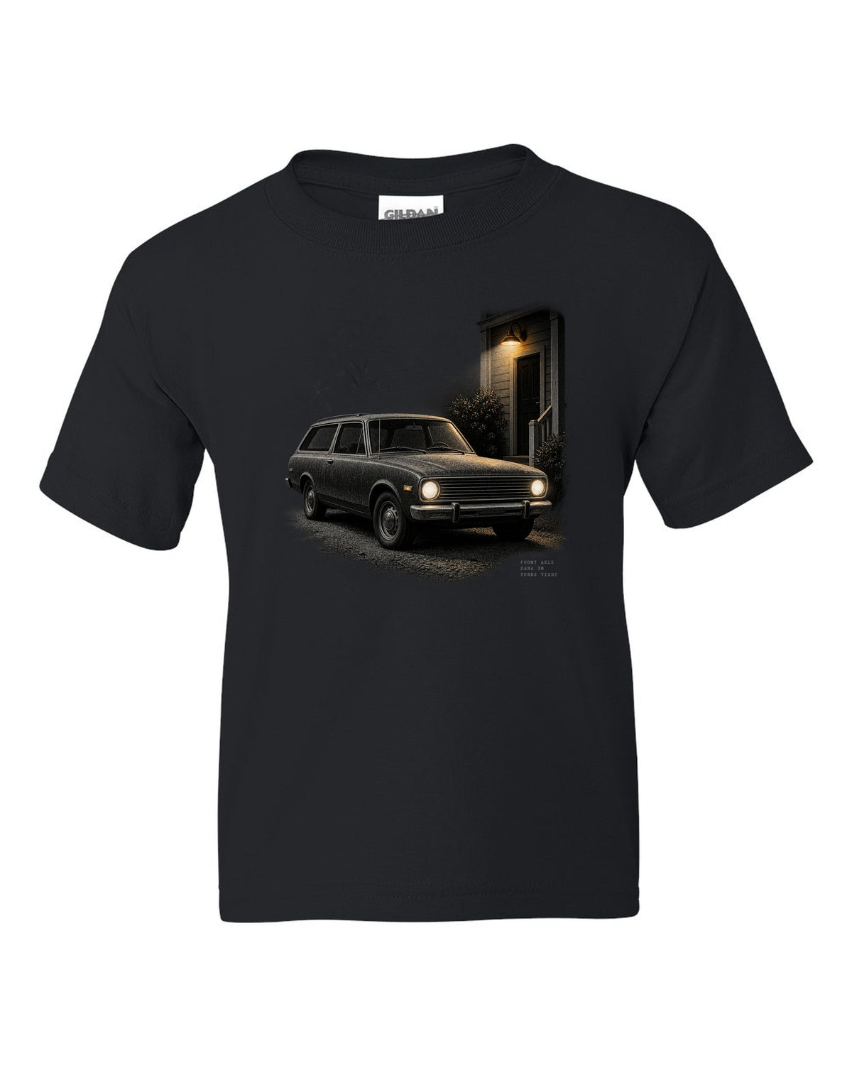 Night print of a 1966-77 early Ford Bronco U15 with Dana 30 front axle text black kids tee front view with the design