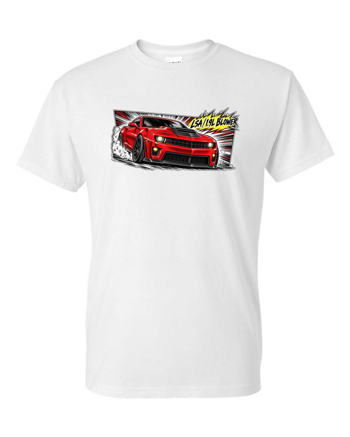 Retro manga panel with speed lines and screentone of a 2012 Chevrolet Camaro ZL1 white t-shirt front view with the design