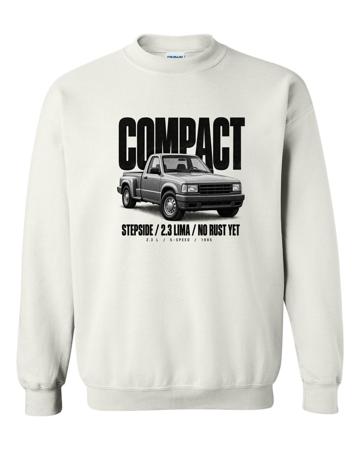 Ford Ranger 1995 stepside halftone print with compact, 2.3 Lima, no rust yet text white crewneck front view with the design
