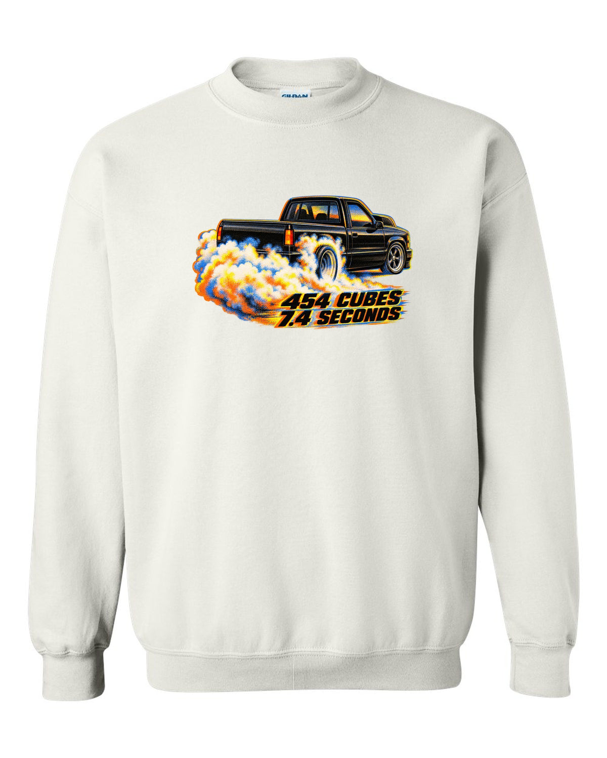 Risograph burnout smoke print of a 1990-93 Chevrolet 454 SS pickup with 454 cubes text white crewneck front view with the design