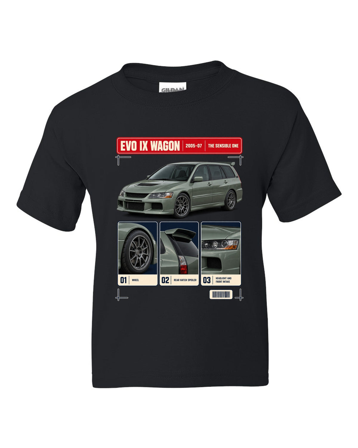 Mitsubishi Lancer Evolution IX Wagon GT three-quarter dossier panel print black kids tee front view with the design