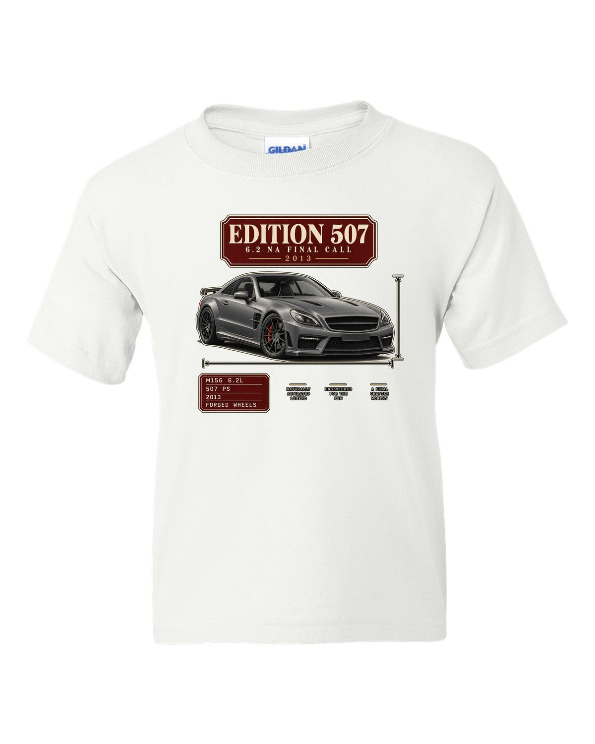 Archive panel print of a matte grey Mercedes-AMG C63 Edition 507 C204 white kids tee front view with the design