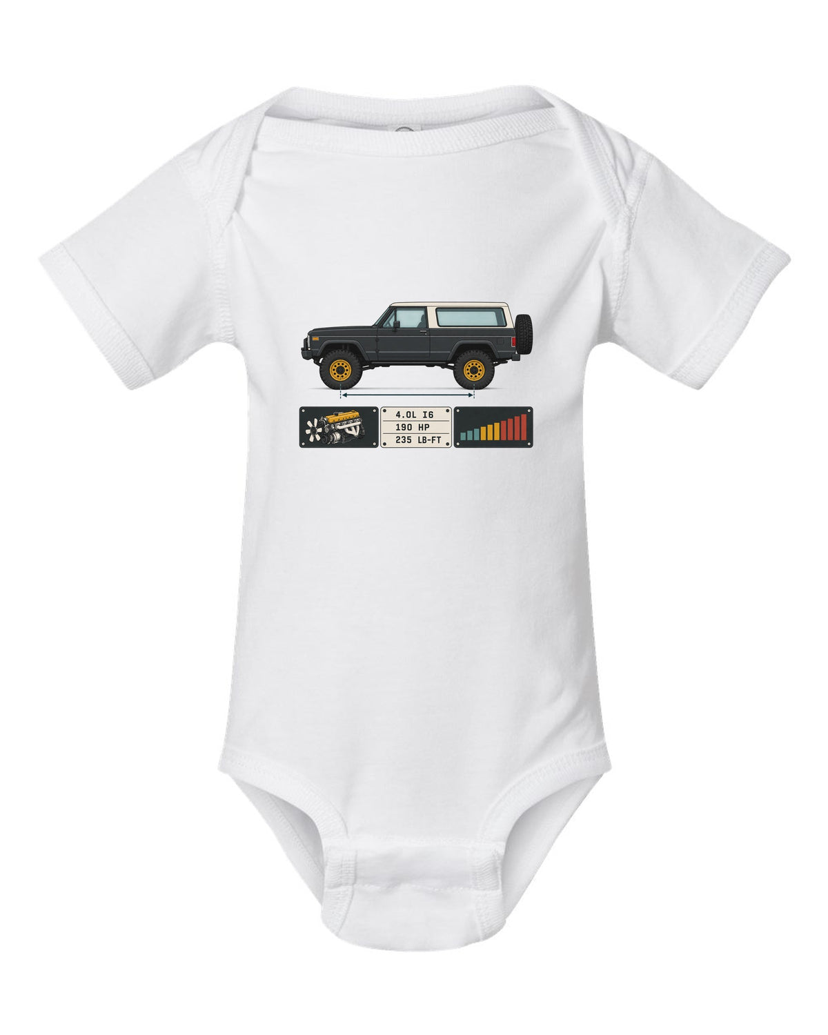Jeep Wrangler LJ Unlimited spec sheet data plate design with 4.0L I6 190 HP 235 lb-ft white baby onesie front view with the design