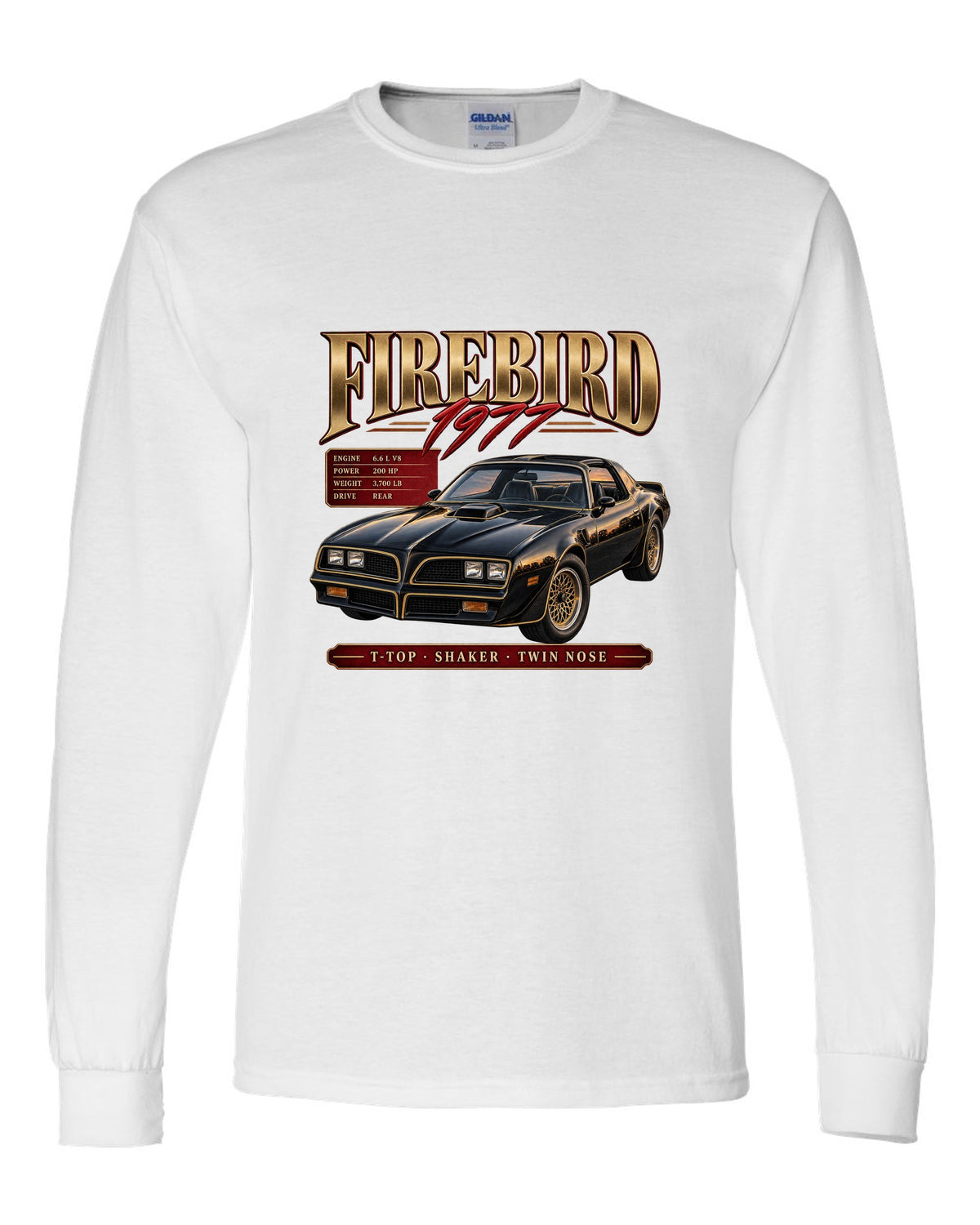 print archive panel of a 1977 Pontiac Firebird T-top with shaker and twin nose lettering white long sleeve front view with the design