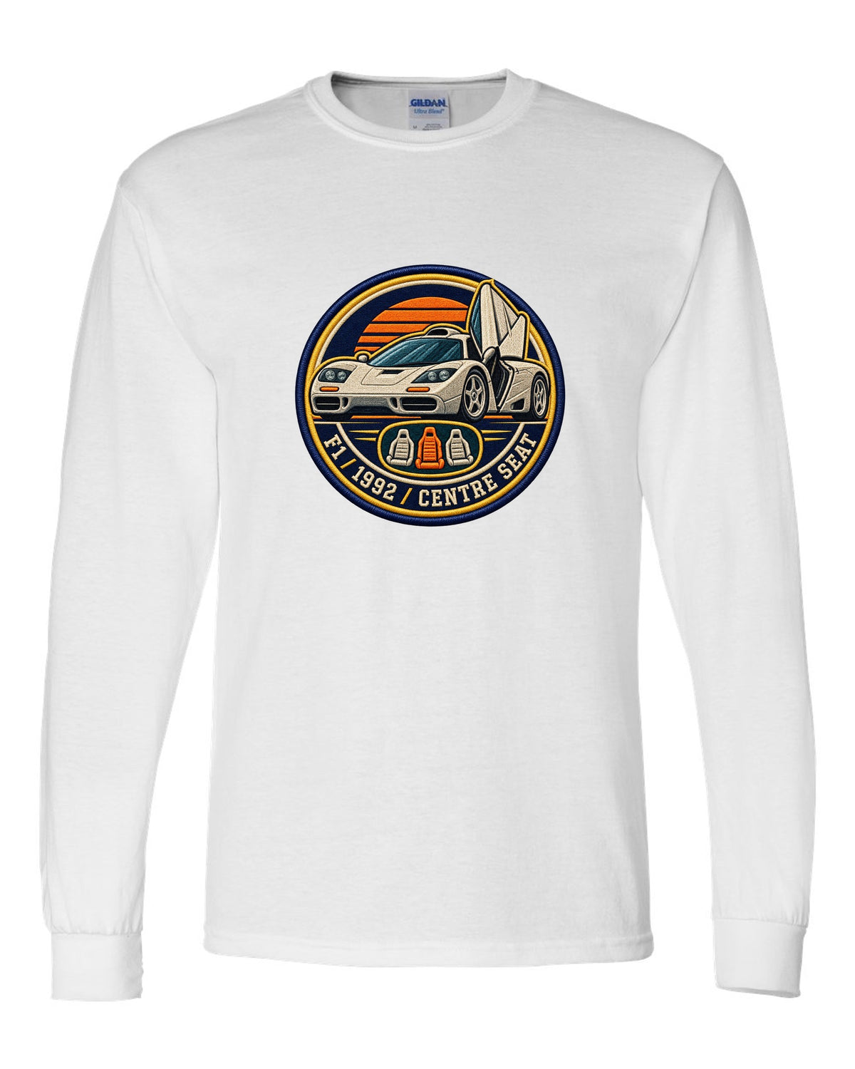 Embroidery varsity crest print for the McLaren F1 with F1, 1992 and Centre Seat lettering white long sleeve front view with the design