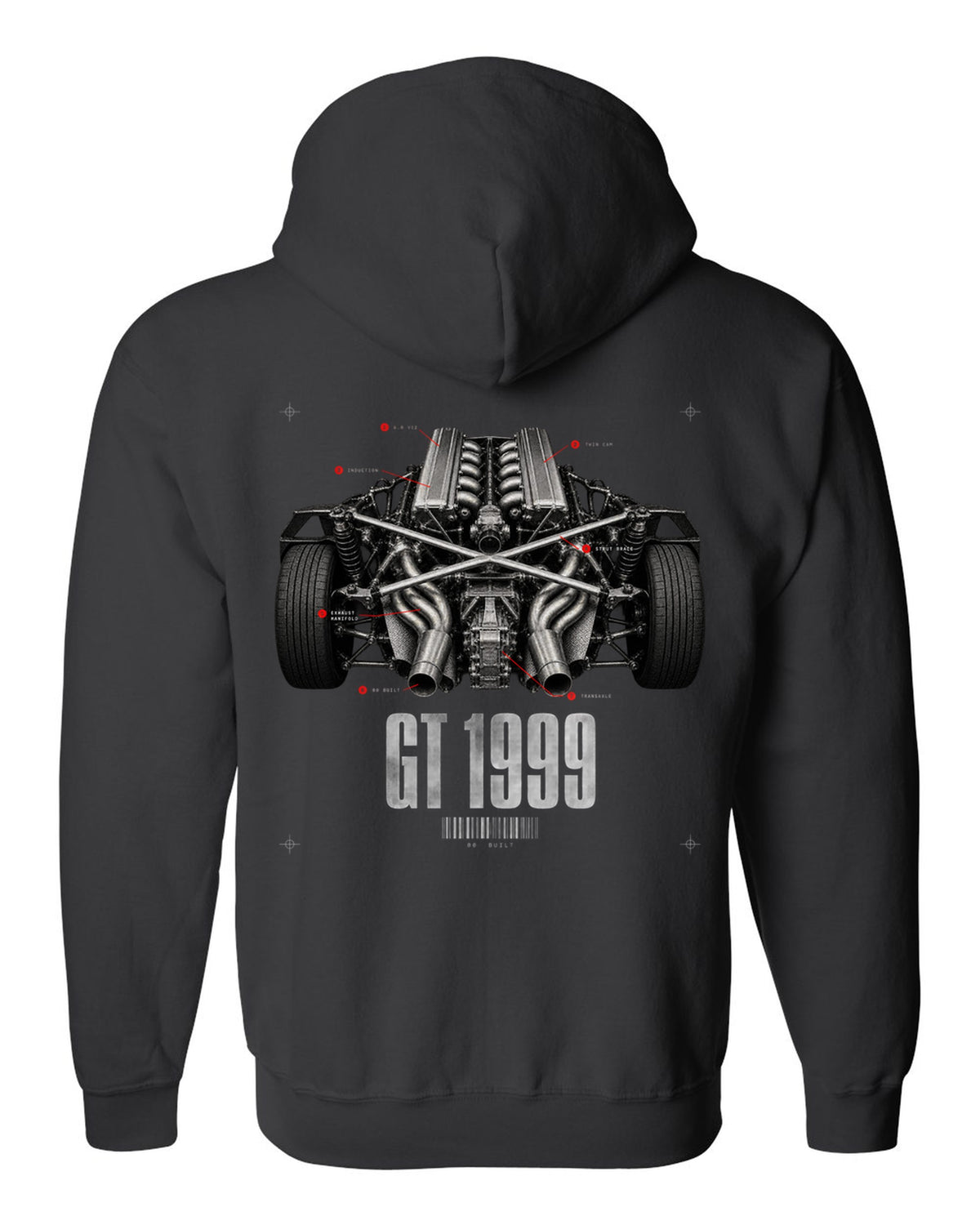 Engine hero print of a Lamborghini Diablo GT 6.0 V12 with 80 built text black zip hoodie back view with the design