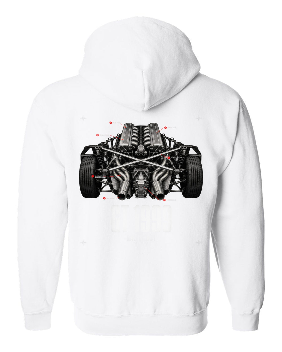 Engine hero print of a Lamborghini Diablo GT 6.0 V12 with 80 built text white zip hoodie back view with the design