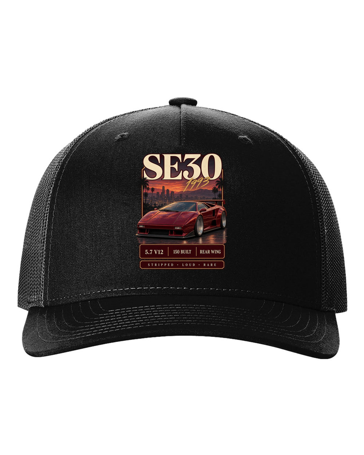 Archive panel print of a Lamborghini Diablo SE30 with 5.7 V12 and 150 built text black hat front view with the design
