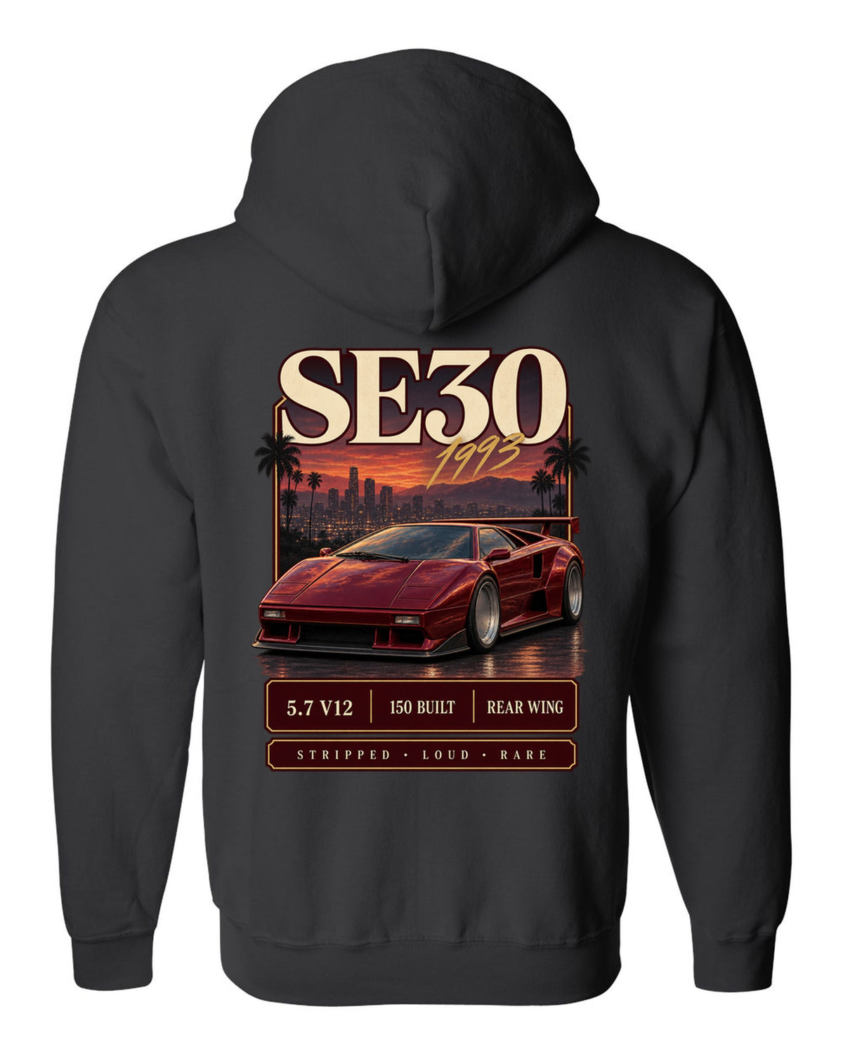 Archive panel print of a Lamborghini Diablo SE30 with 5.7 V12 and 150 built text black zip hoodie back view with the design