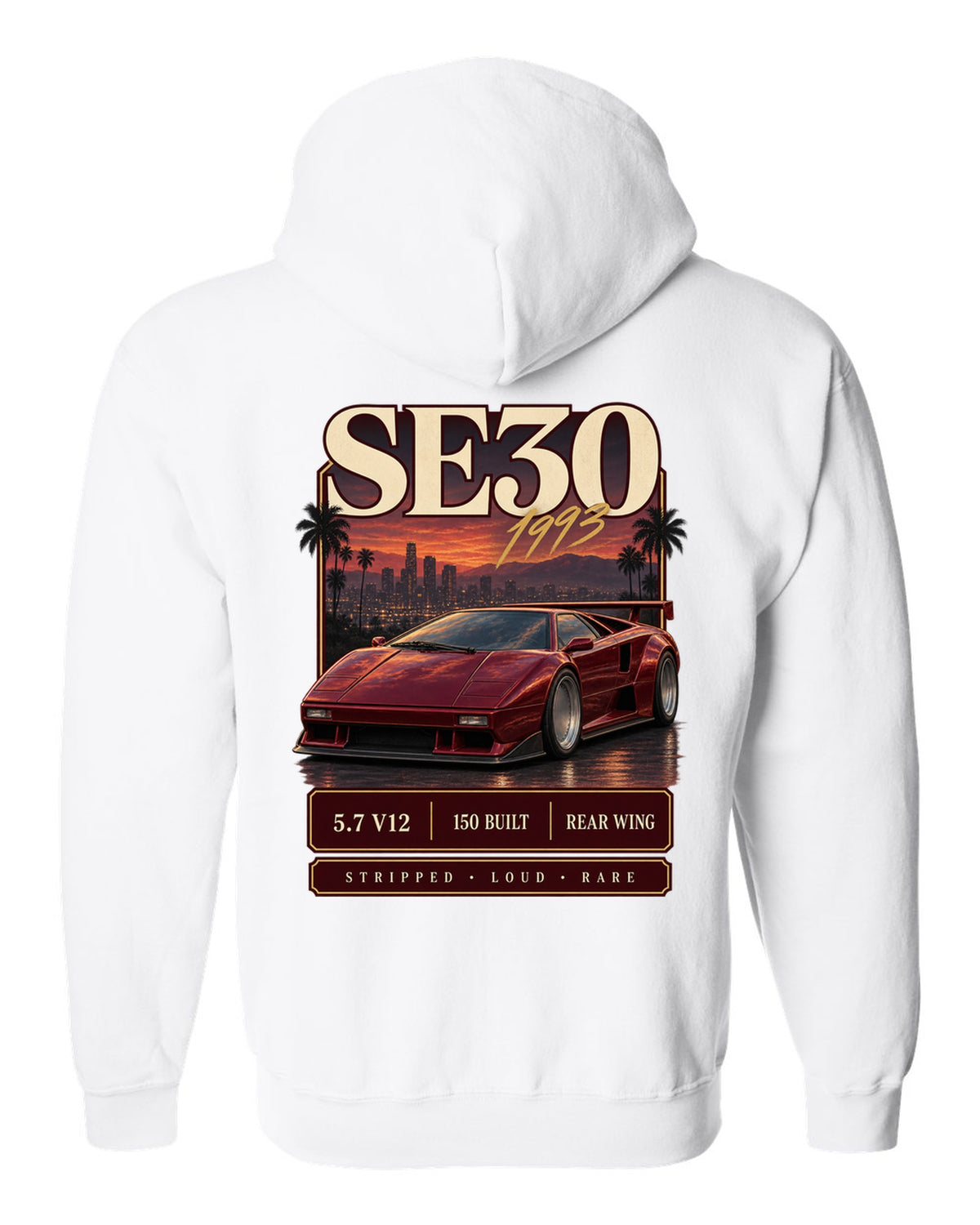 Archive panel print of a Lamborghini Diablo SE30 with 5.7 V12 and 150 built text white zip hoodie back view with the design