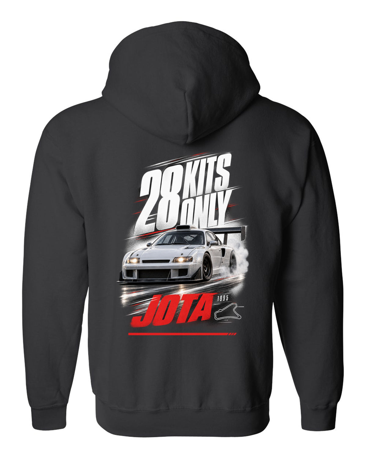 Race poster print of a Lamborghini Diablo SE30 Jota with 28 kits only text black zip hoodie back view with the design