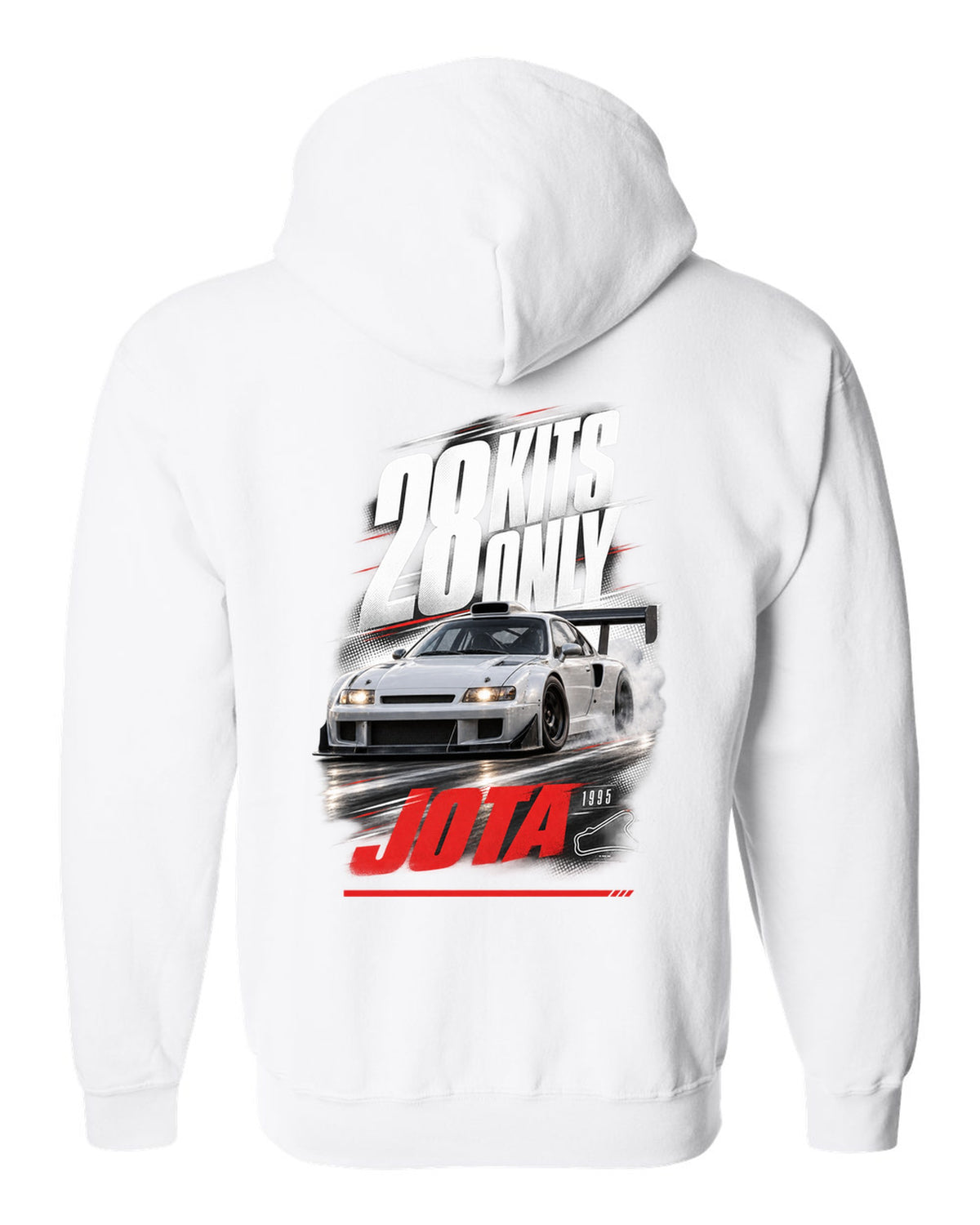 Race poster print of a Lamborghini Diablo SE30 Jota with 28 kits only text white zip hoodie back view with the design
