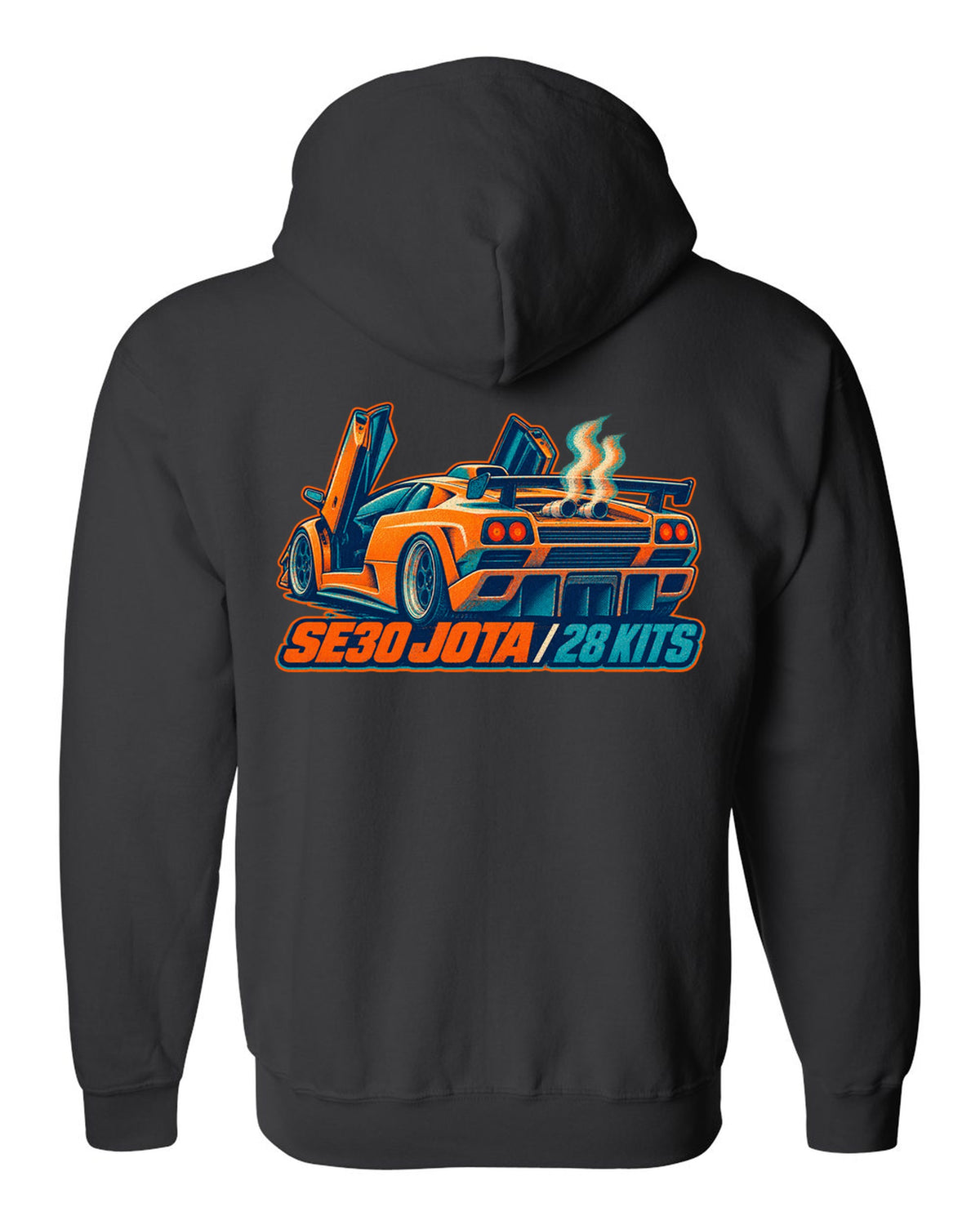 Risograph spot-colour print of a 1995 Lamborghini Diablo SE30 Jota with 28 kits lettering black zip hoodie back view with the design