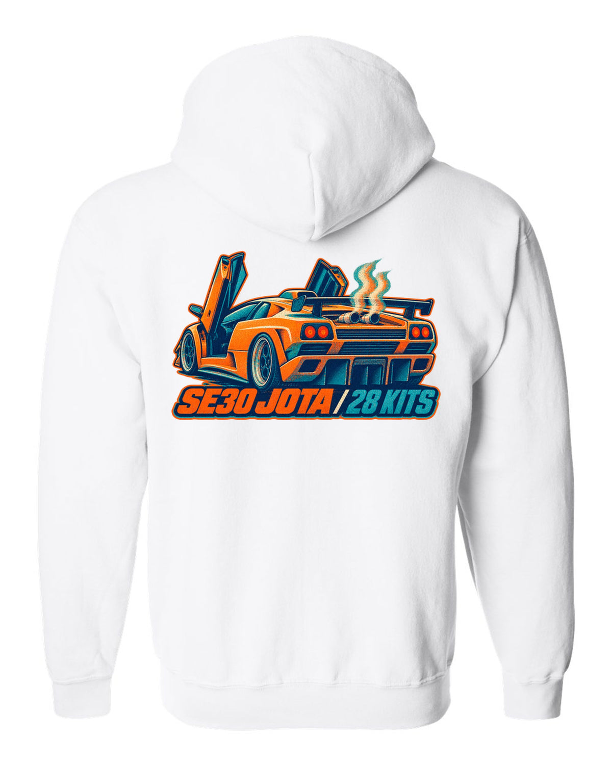 Risograph spot-colour print of a 1995 Lamborghini Diablo SE30 Jota with 28 kits lettering white zip hoodie back view with the design