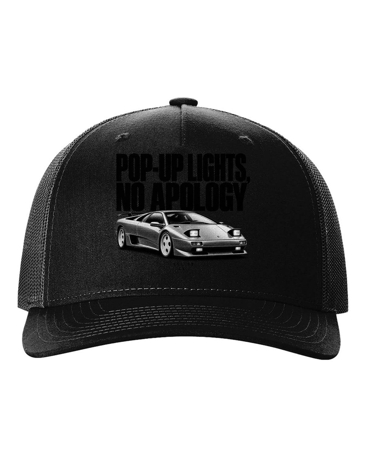 Halftone print of a Lamborghini Diablo SV with pop-up lights no apology text black hat front view with the design