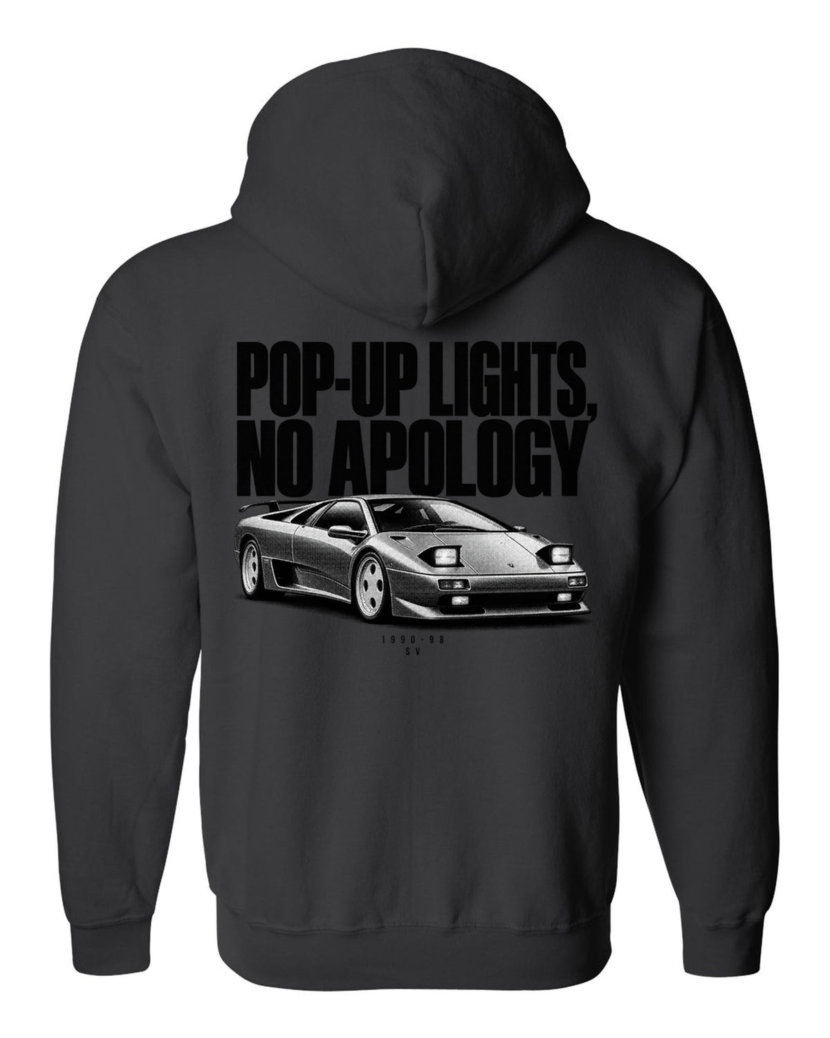 Halftone print of a Lamborghini Diablo SV with pop-up lights no apology text black zip hoodie back view with the design
