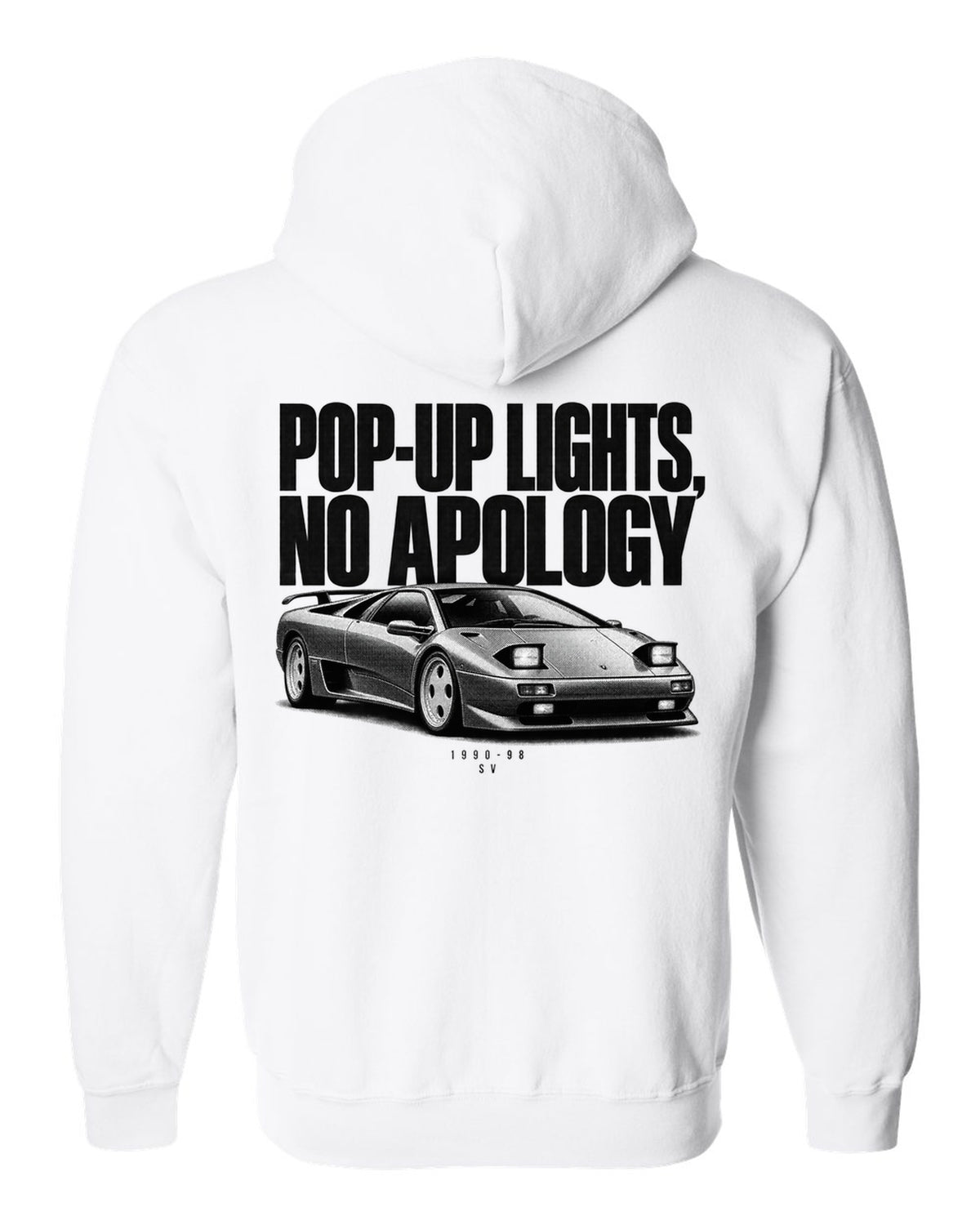 Halftone print of a Lamborghini Diablo SV with pop-up lights no apology text white zip hoodie back view with the design