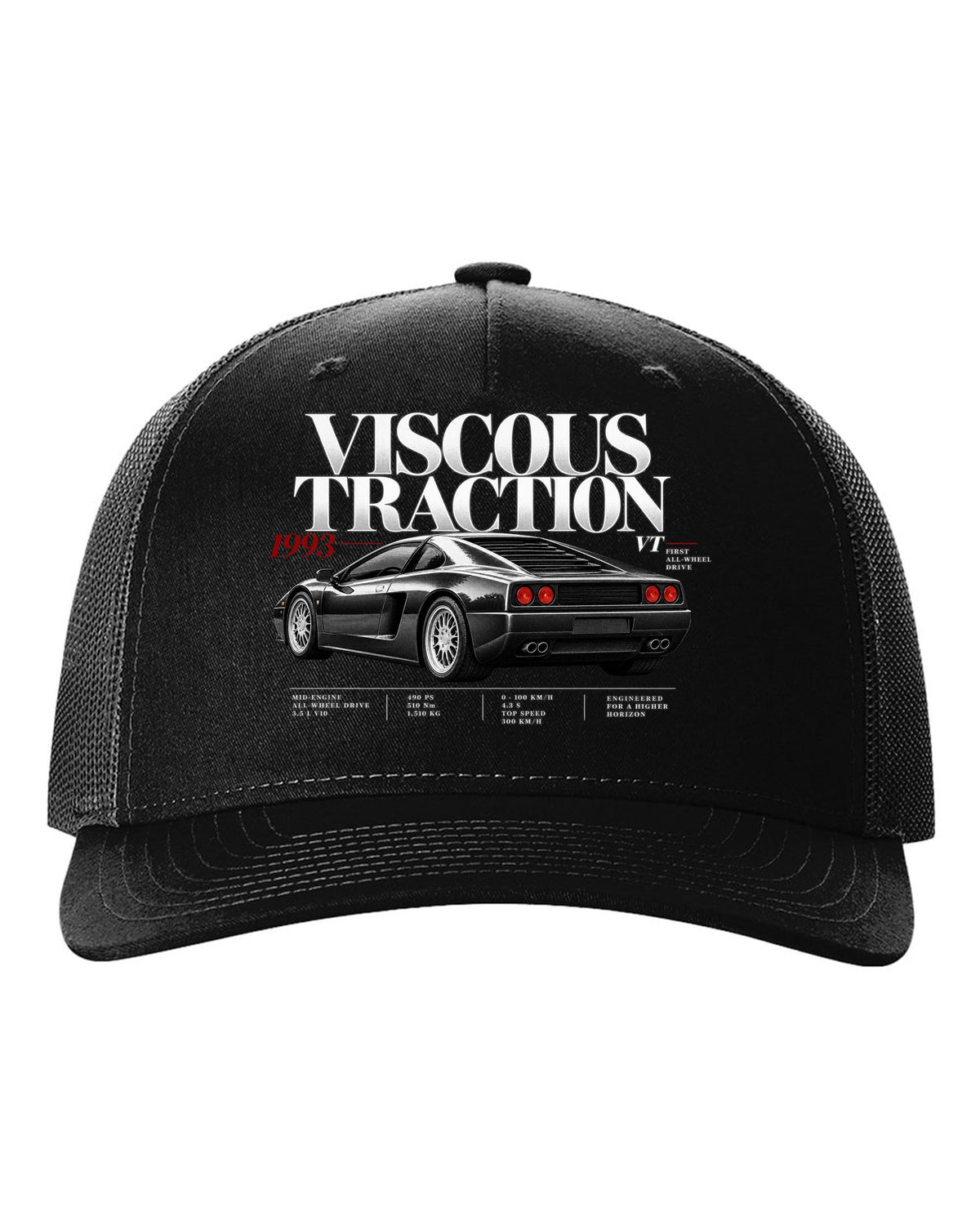 Editorial print of a Lamborghini Diablo VT with viscous traction and first all-wheel drive text black hat front view with the design