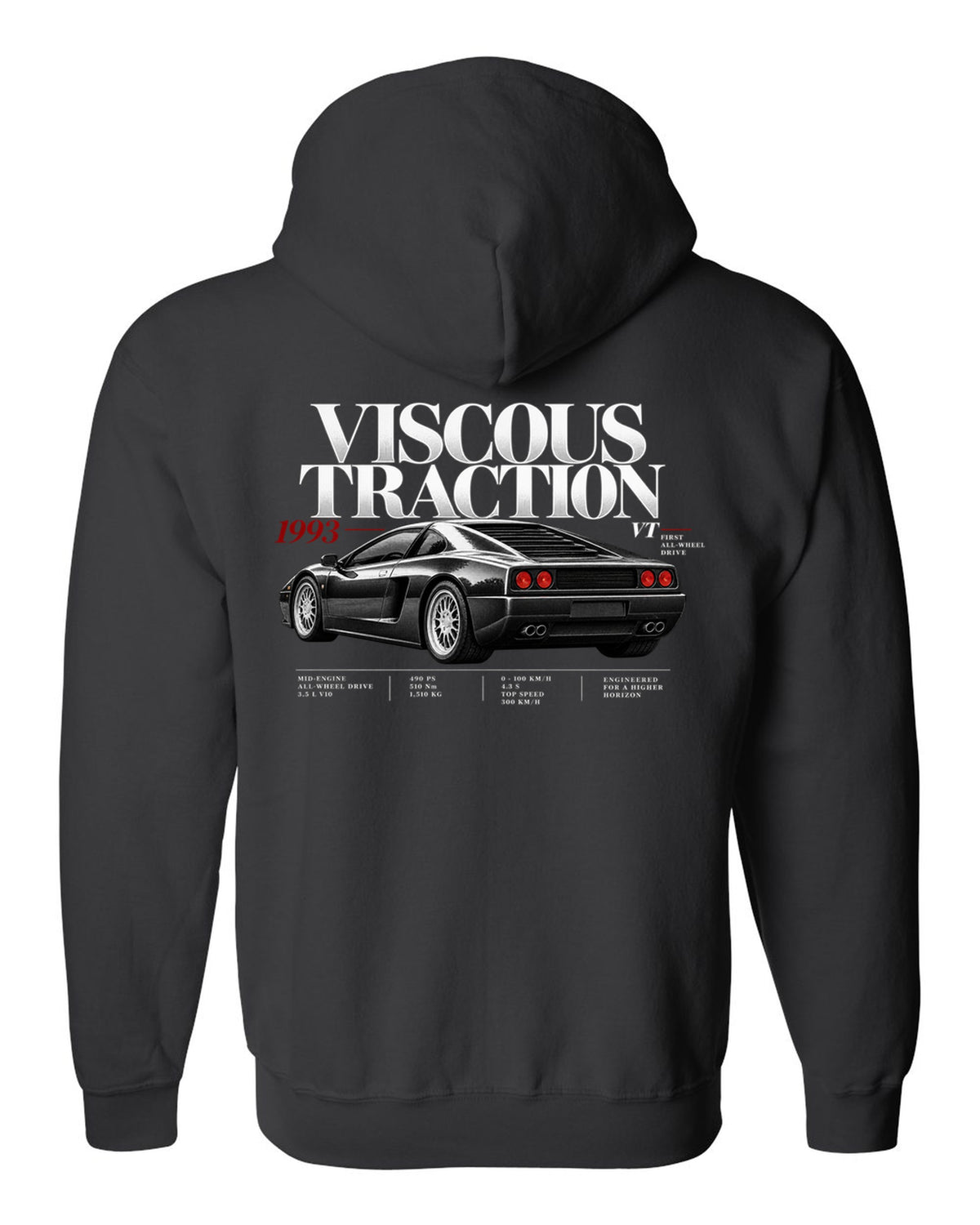 Editorial print of a Lamborghini Diablo VT with viscous traction and first all-wheel drive text black zip hoodie back view with the design