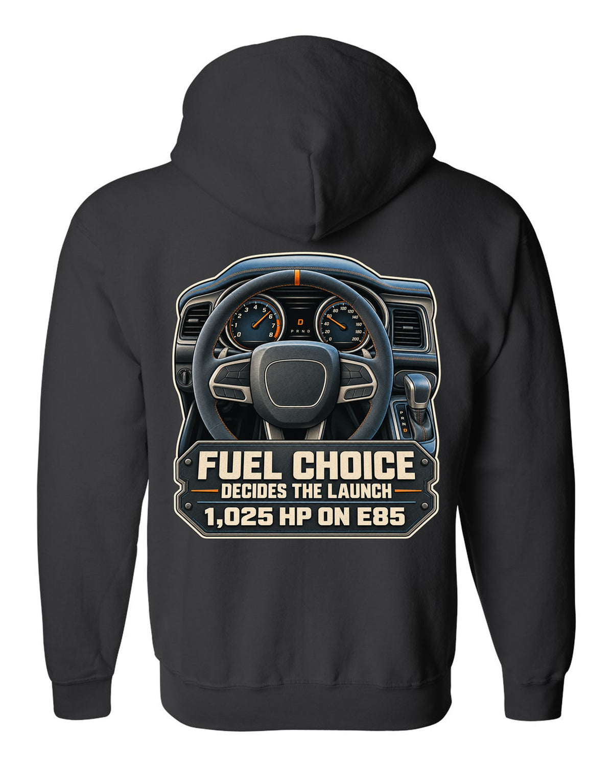 Dodge Challenger SRT Demon 170 cockpit gauge print with E85 1,025 HP text black zip hoodie back view with the design