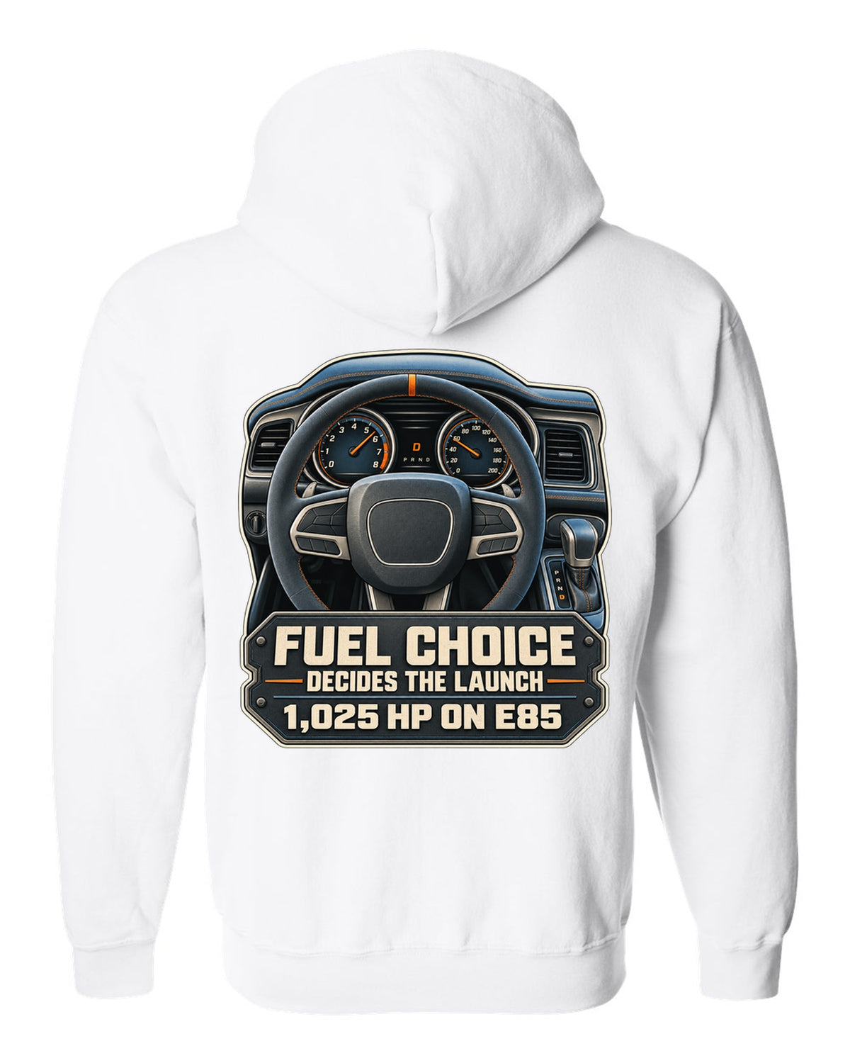 Dodge Challenger SRT Demon 170 cockpit gauge print with E85 1,025 HP text white zip hoodie back view with the design