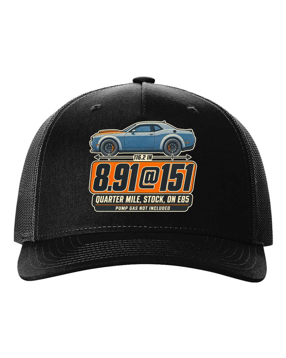 Dodge Challenger SRT Demon 170 halftone print with quarter mile time on E85 black hat front view with the design